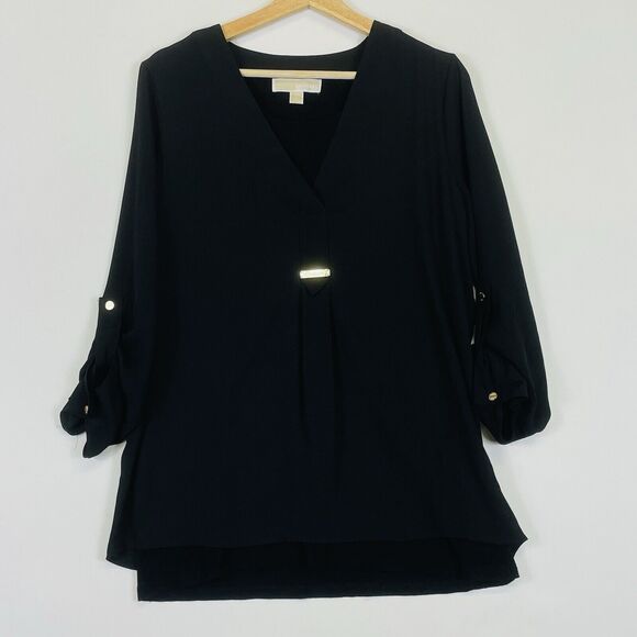 Michael Kors Black Sheer Chiffon Lined Long Sleeve Roll Tab Top Shirt Womens 6 - Picture 1 of 6
